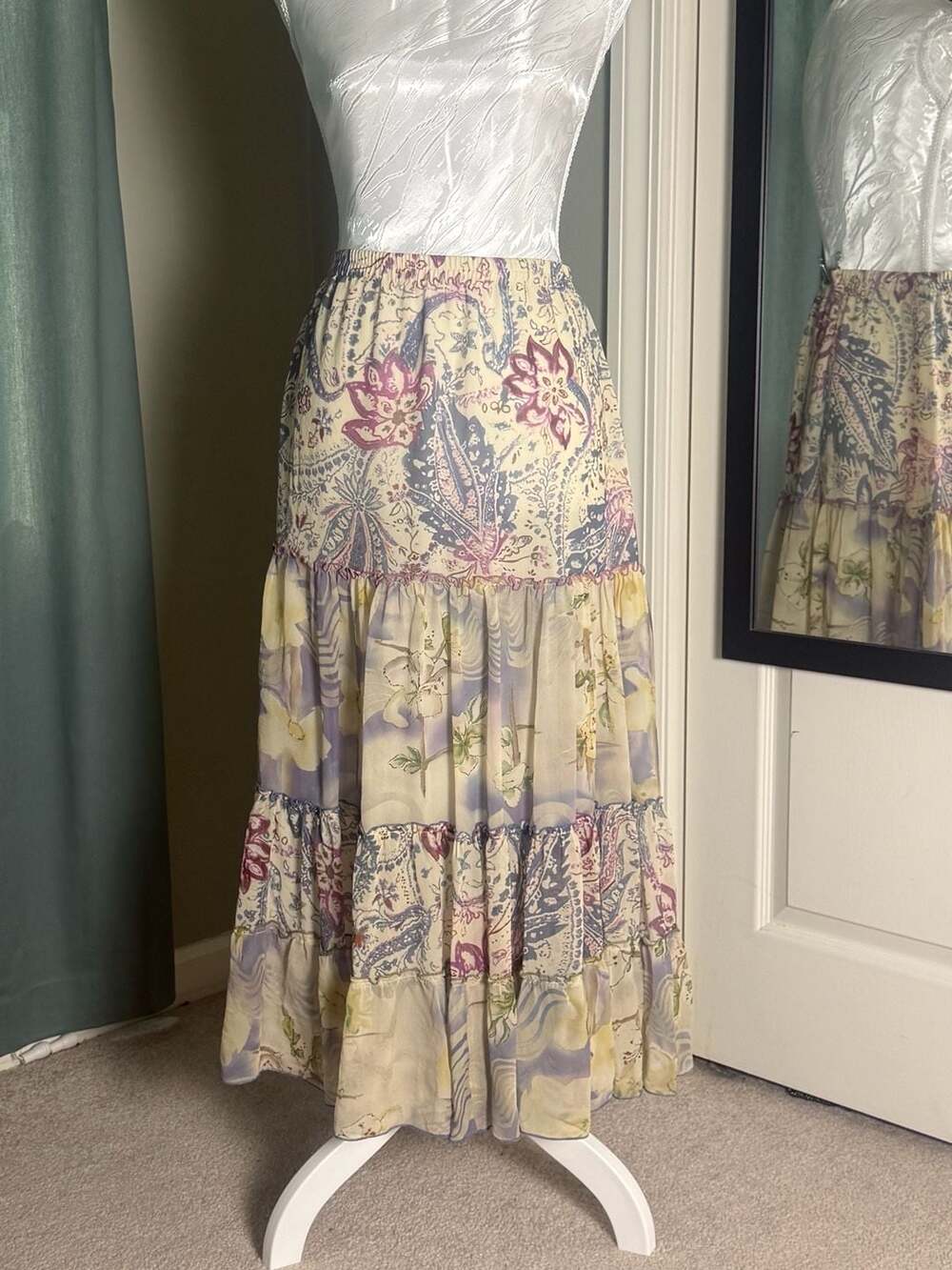 CAbi Style 237 Silk Maxi Skirt M Floral Paisley Tiered Boho Fairy Cottagecore